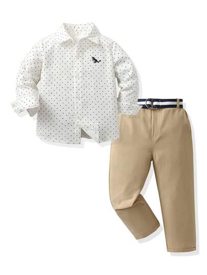 SHEIN 2 piezas Conjunto de niño pequeño estilo caballero, camisa de manga larga a lunares y pantalón de traje (sin cinturón incluido), estilo caballero, adecuado para fiesta de cumpleaños, ocasión formal, boda, bautizo, Navidad, Halloween