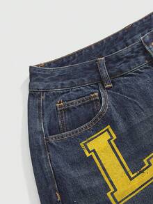 ROMWE Jeans rectos con estampado de letras de color contrastante y estilo deportivo retro Y2K para mujer - Azul - Ver 3