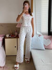 SweetSlumber 甜美碎花蕾丝边短袖女士睡衣套装 - 粉色 - 查看 3