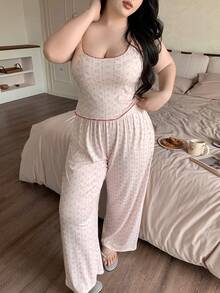 Dazy Plus 3pcs/Set Cute Ditsy Floral Contrast Trim Plus Size Women Pajama Set, Suitable For Spring, Summer, Autumn - Baby Pink - View 6