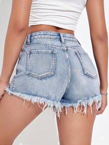 SHEIN EZwear Quần short denim nữ kiểu dáng thường ngày, rách gấu. - Rửa nhẹ - Xem 2
