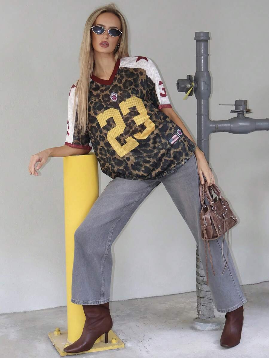 Brooke Lily 女款夏季節慶復古街頭運動風數字印花寬鬆版棒球球衣T恤,豹紋印花上衣,豹紋印花休閒上衣 - 棕色 - 查看 1