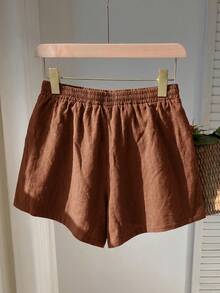 SHEIN EZwear Coffee Brown Woven Sporty Shorts For Women - Coffee Brown - View 2