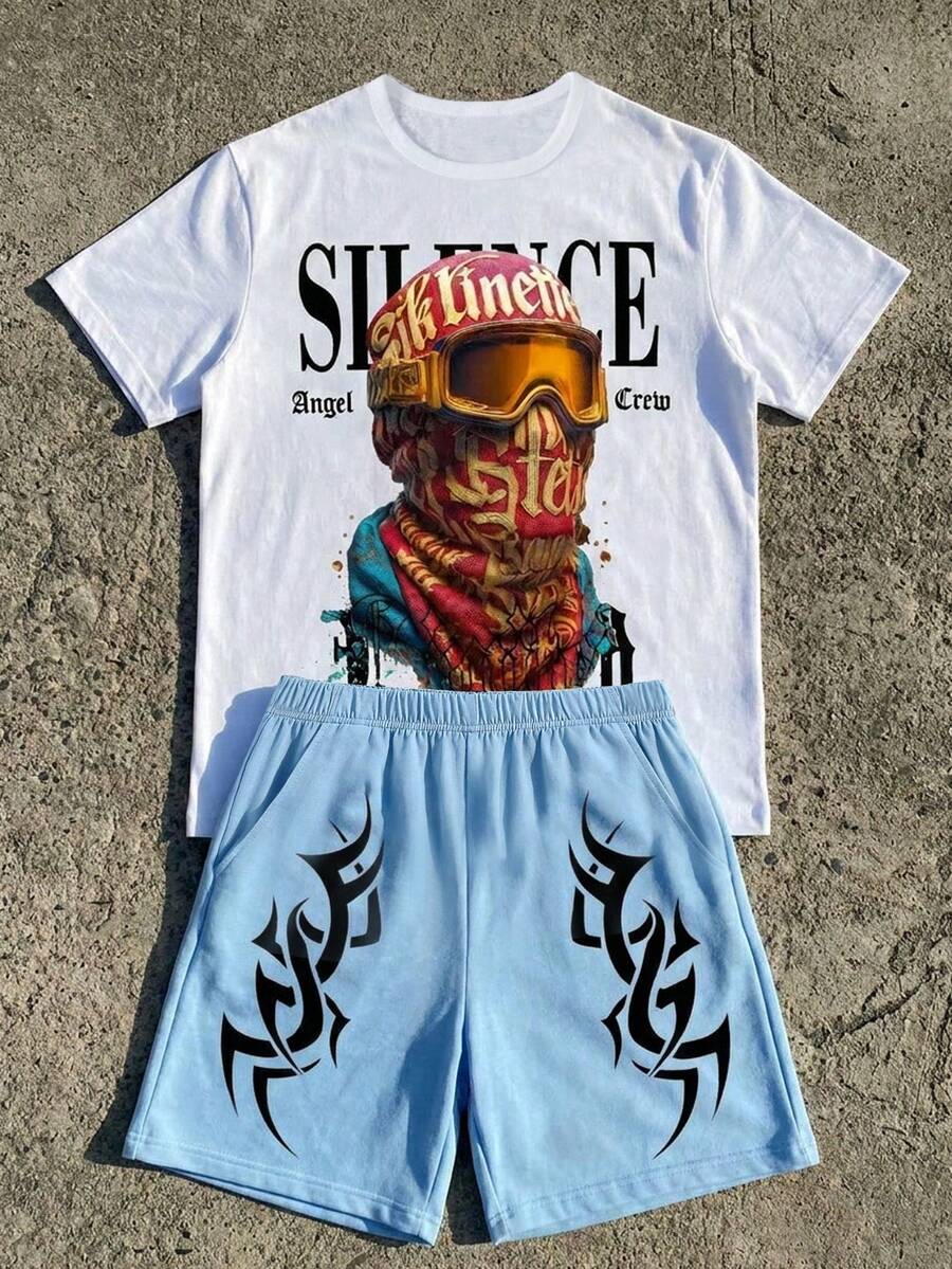 SHEIN Set de 2 piezas para niño preadolescente con camiseta de cuello redondo de manga corta y pantalones cortos con bolsillos - Multicolor - Ver 1