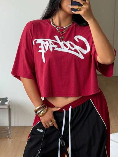Coolane Women's Plus Size Summer Vintage Y2k Casual Going Out Streetwear  Letter Printed Pattern Drop Shoulder Loose Casual Short Sleeve Round Neck T-Shirt, Going Out Tops Oversized Inclusive Sizing Tops