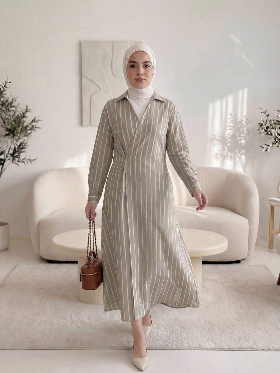 Solavon Women's Casual Commuter Striped Wrap Midi Dress - Khaki - View 1