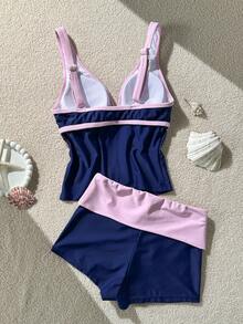 Elavelle Bộ đồ bơi Tankini in hình sao biển và vỏ sò dành cho nữ, quần cạp cao giúp thon gọn vóc dáng, thích hợp cho kỳ nghỉ biển và spa, màu xanh navy. - Nhiều màu - Xem 2