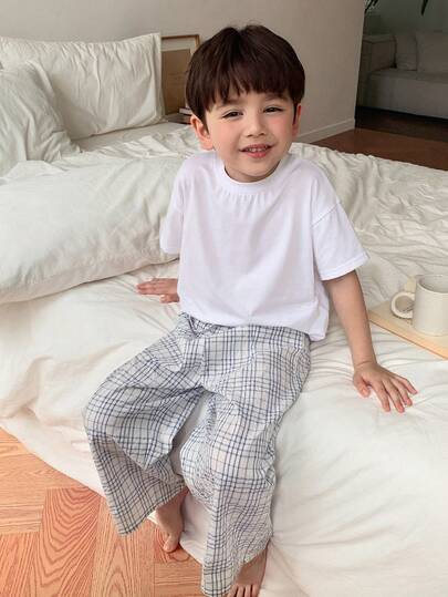 DAZY 圆领纯色T恤+休闲直筒格子裤睡衣套装，适合幼儿男童（小号）