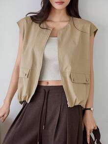 Dazy-Less Summer New Loose Casual Sleeveless Vest, Business Casual Style For Women - Khaki - View 5