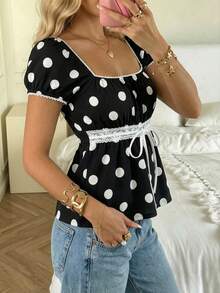 CovetEZ Summer Outfits Square Neck Petal Sleeve Tie Front Tee - Black and White - View 3