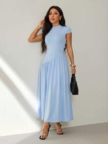 SHEIN PETITE Women's Summer Simple Solid Color Pleated A-Line Dress,Summer Dresses For Women - Baby Blue - View 6