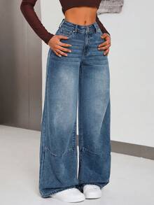 Jeanoix Quần jeans nữ ống rộng có túi, dáng suông, đa năng. - Màu xanh lam - Xem 3
