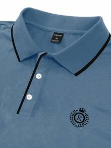 Manfinity Homme 男士字母條紋短袖休閒通勤 Polo 衫，正式款 - 藍色 - 查看 3