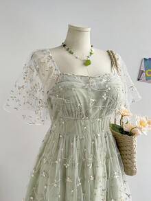 Soleia Vestido verde vintage con bordados y volantes en las mangas, cintura elástica, para mujer talla grande. Vestido casual de verano adecuado para volver al colegio, almuerzos lindos, despedida de soltera - Verde - Ver 7