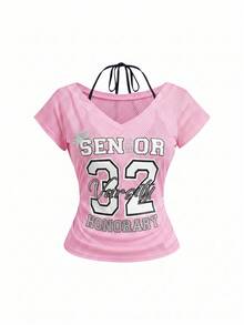 ROMWE Avant Sporty Sexy Y2K 2-Piece Set, V-Neck Contrast Color Halter Tie T-Shirt For Women - Pink - View 1