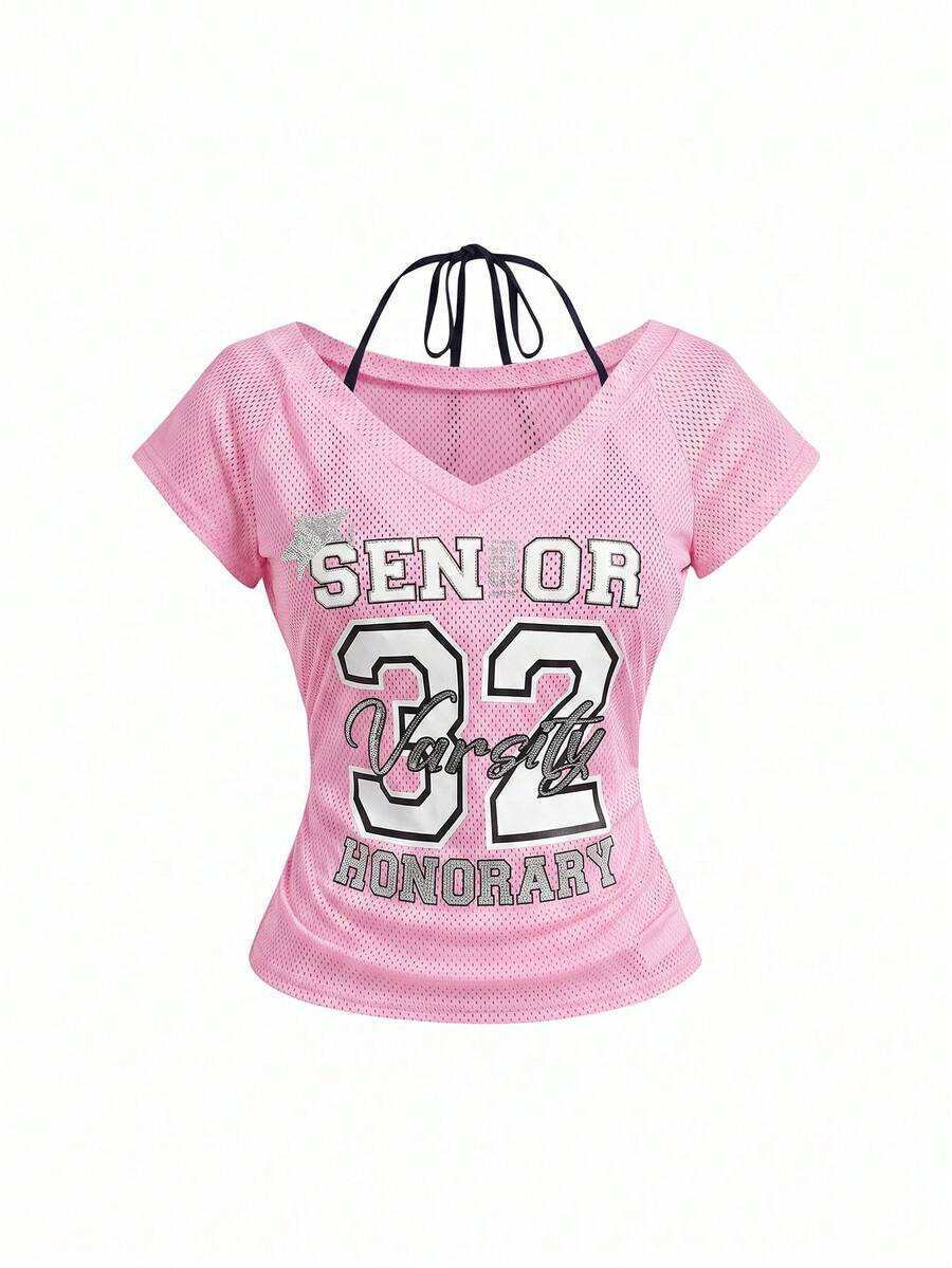 ROMWE Avant Sporty Sexy Y2K 2-Piece Set, V-Neck Contrast Color Halter Tie T-Shirt For Women - Pink - View 1