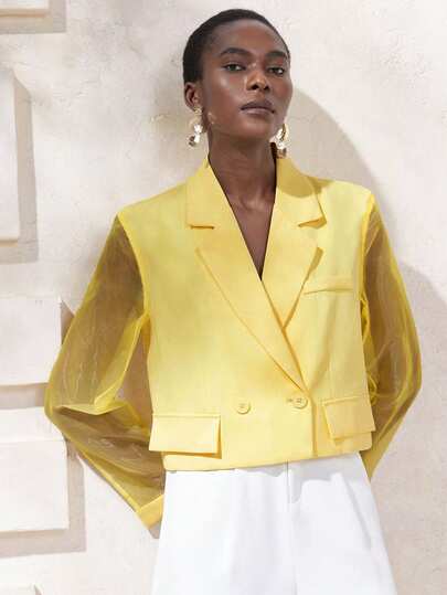 Aveloria Modichic Blazer corto de tela transparente con patchwork amarillo, diseño cruzado, estilo minimalista y moderno, versátil para ir al trabajo y usar en primavera/verano