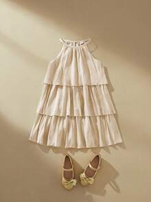 SHEIN 1 chiếc đầm không tay màu tím xếp ly bằng vải chiffon, có bèo nhún ở gấu váy, thích hợp cho kỳ nghỉ biển và mặc mùa hè. - Màu be - Xem 5