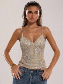 SHEIN BAE Áo hai dây nữ gợi cảm hở lưng, đính hạt, họa tiết hoa, thích hợp cho kỳ nghỉ biển, đi chơi, dạo phố, đi nghỉ mát ở biển. - Màu Khaki - Xem 5
