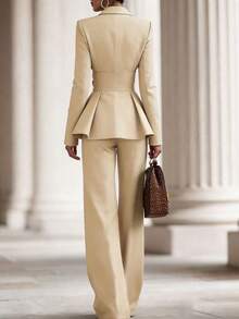 SHEIN Bộ vest công sở màu trơn thanh lịch dành cho nữ, trang phục thường ngày sang trọng, bộ đồ công sở cho nữ, bộ vest nữ cao cấp, bộ áo blazer công sở, bộ quần áo chuyên nghiệp cho nữ. - Màu be - Xem 2