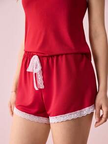 Bonmuse Bộ đồ ngủ hai dây phối ren tương phản, đồ mặc nhà mùa xuân/hè/thu dành cho nữ. - Đỏ - Xem 8