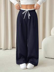 SHEIN PETITE 女款拼色休閒日常長褲，女士春秋抽繩口袋自然寬腿黑色鬆弛小個女款 - 藏蓝色 - 查看 4