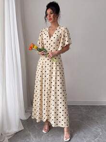 Elenzga Đầm midi dáng chữ A cổ chữ V, thắt eo, cài cúc ở gấu váy, xẻ tà, tay phồng, màu mơ chủ đạo phối chấm bi lớn màu nâu cà phê lãng mạn, phong cách Pháp thanh lịch cổ điển, trang trọng, công sở, đi làm, đi biển, nghỉ lễ, phong cách miền Tây, tối giản, đa năng, thời trang dự tiệc trà chiều, thoải mái, phong cách Boho mùa xuân/hè. - Màu be - Xem 5