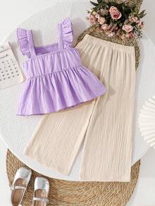 SHEIN Genkimix Kids Young Girl Solid Color Cap Sleeve Top And Pants Set - Purple - View 2