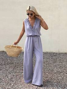 DAZY Women's V-Neck Loose 2 Pieces Set With Purple Lace Design - Mauve Purple - View 6