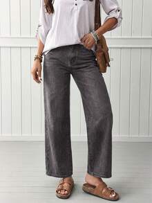 SHEIN LUNE Women's High Waist Pockets Straight Loose Casual Versatile Denim Jeans Travel Grey Summer - Grey - View 3