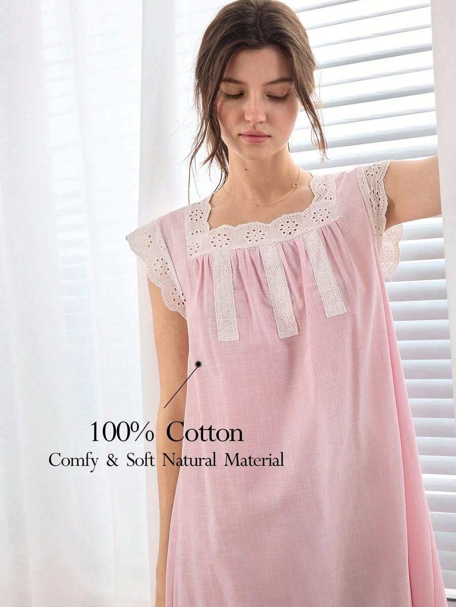 Ocili 100% Cotton Soft & Comfortable Ruffled Bowknot Nightgown Sleepwear For Women - Pink - View 1