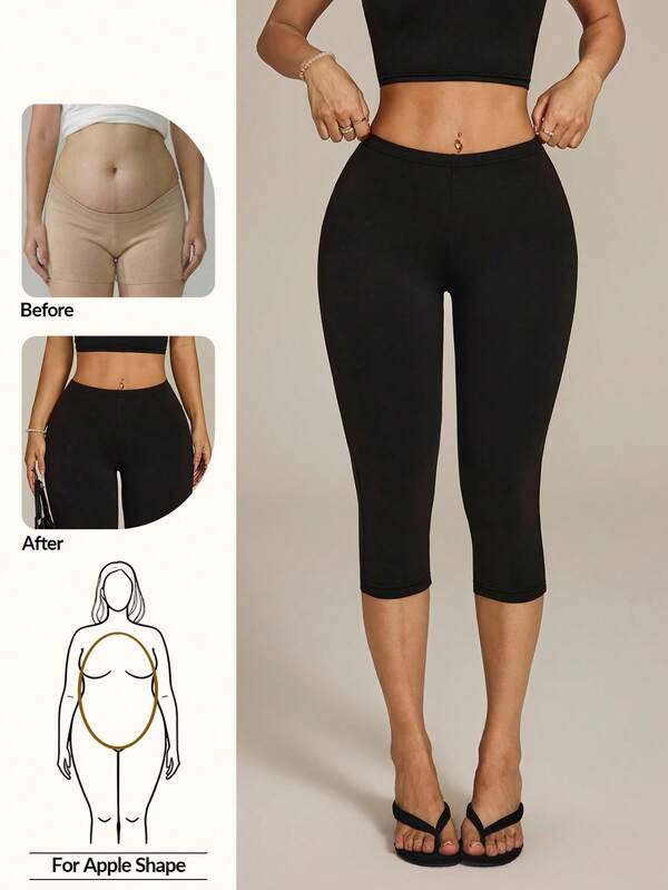 SHEIN PETITE Solid Color High Waist Metal Casual Active Fashionable Capri Pants For Summer Active Pilates Black,Active/Pilates,High Waisted,Summer Sporty