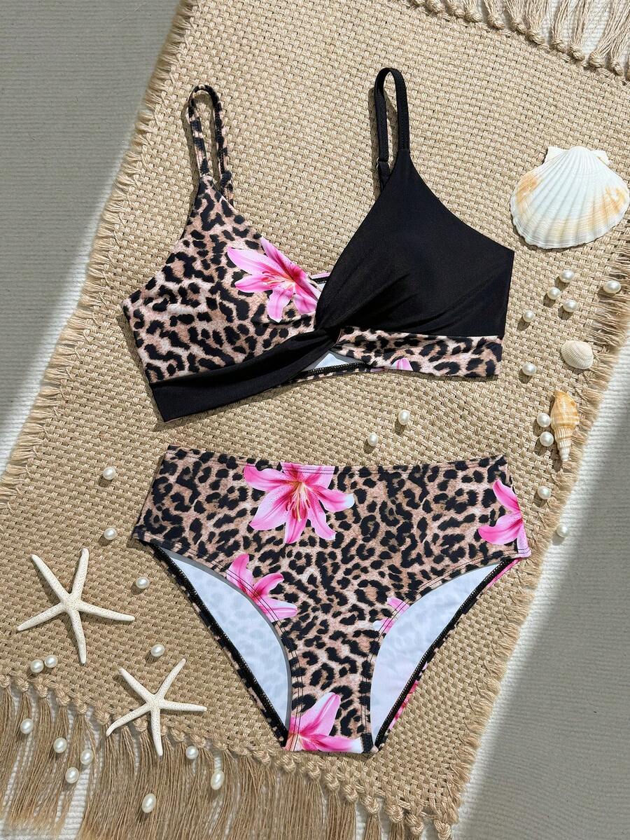 SHEIN 2件套少女随机印花弹力速干舒适针织面料连体泳衣，适合海滩、泳池、冲浪、度假、夏季旅行 - 彩色 - 查看 1