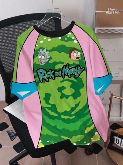 Rick and Morty X SHEIN 男士圆领字母卡通印花休闲百搭日常T恤