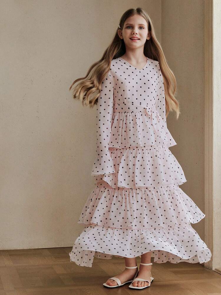 Girls' Summer Polka Dot Ruffle Dress With Bow, Pink Long Dress For Big Girls