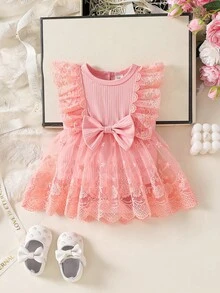 SHEIN Váy liền thân không tay cho bé gái sơ sinh mùa hè màu trắng hồng, phong cách công chúa ngọt ngào thanh lịch, ren nơ thêu hoa, bodysuit cho trẻ sơ sinh, quần áo tiệc mừng em bé - Hồng - Xem 3
