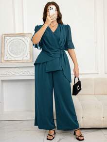 SHEIN Clasi Plus Size Women Solid Color Pleated Design Shirt And Pants Elegant 2 Pieces Set - Teal Blue - View 7