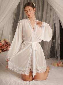 DelicateAllure Sexy Lace Contrast Mesh Solid Color Plus Size Women Robe - White - View 5