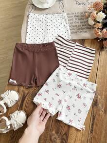 SHEIN Vintaside Kids 女婴四件套休闲百搭可爱短裤套装，夏季 - 棕色 - 查看 3