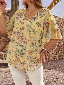 EMERY ROSE Plus Size Elegant Floral Print V-Neck Ruffle Trim Blouse, Summer - Light Yellow - View 3