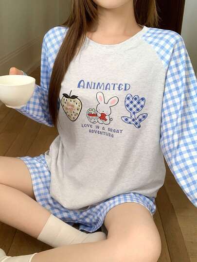 DAZY 2pcs/Set Women's Plaid Patchwork Raglan Sleeve Cute Rabbit Graphic Loose Long Sleeve T-Shirt And Plaid Shorts Pajama Set, Summer