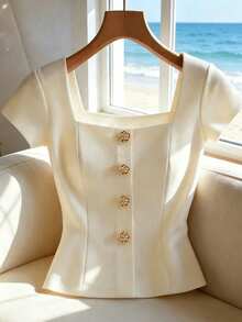 Franclia Blusa de manga corta con cuello cuadrado, decoración de botones, de unicolor y uso diario para mujer de talla grande - Albaricoque - Ver 1