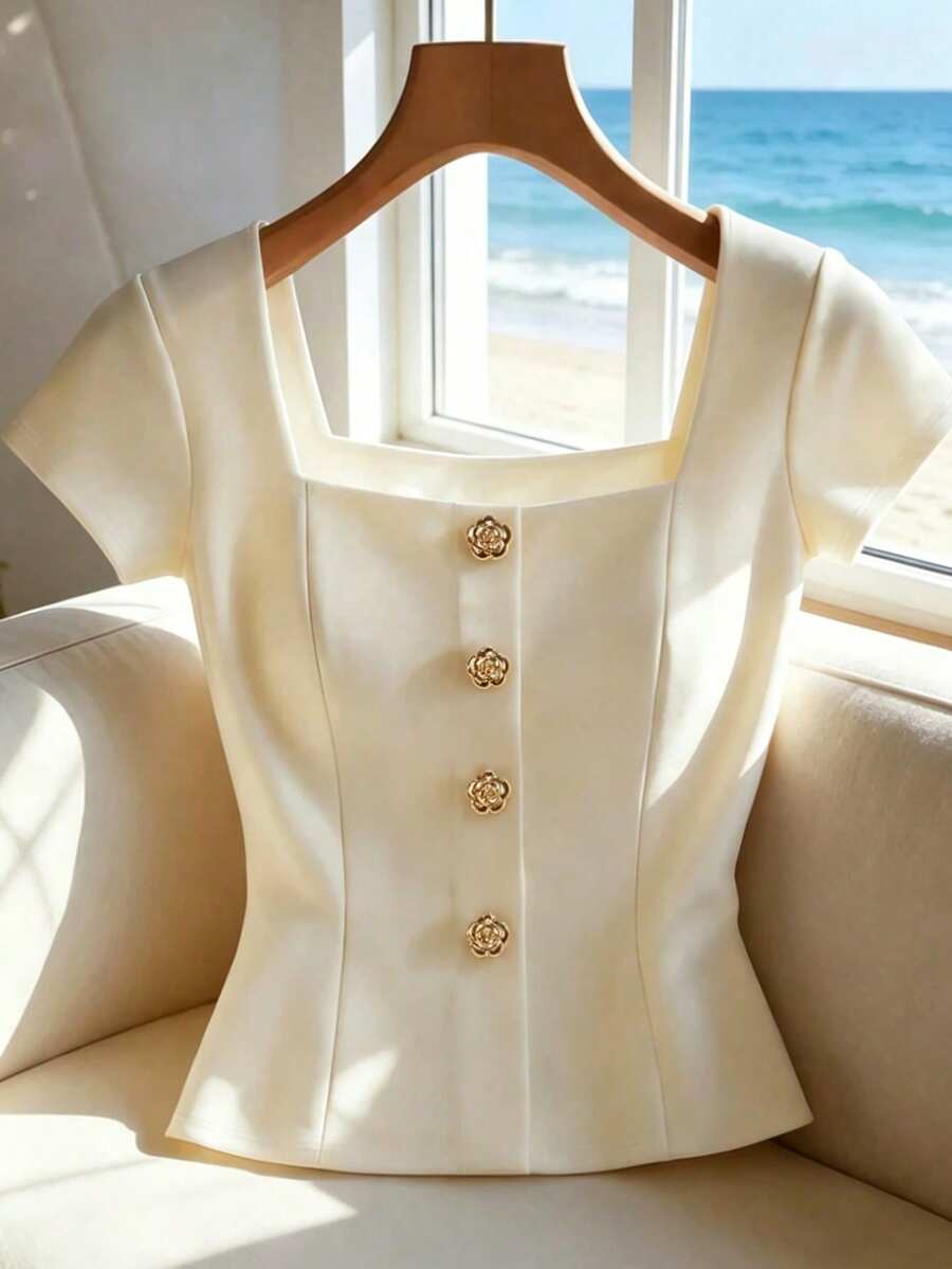 Franclia Blusa de manga corta con cuello cuadrado, decoración de botones, de unicolor y uso diario para mujer de talla grande - Albaricoque - Ver 1