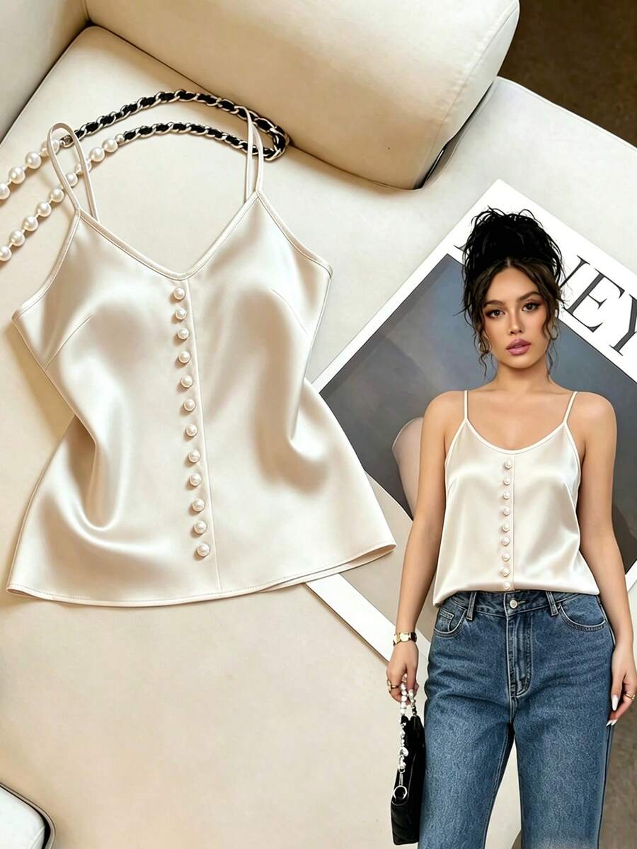 Franclia Casual Sexy Elegant Party Sleeveless Top With Pearl Decor, Suitable From Spring To Summer, Loose And Low-Cut - Apricot - View 1
