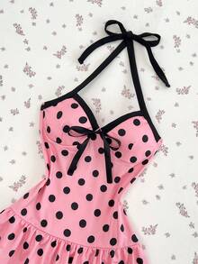 Elamini Vestido casual de fiesta con escote halter, plisado y lunares para mujer - Multicolor - Ver 6
