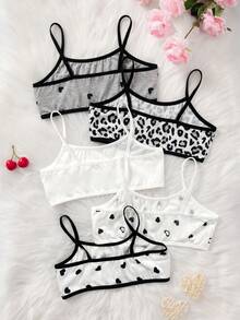 SHEIN 少女5件套可爱简约豹纹爱心图案柔软亲肤儿童内衣套装，情人节 - 彩色 - 查看 2