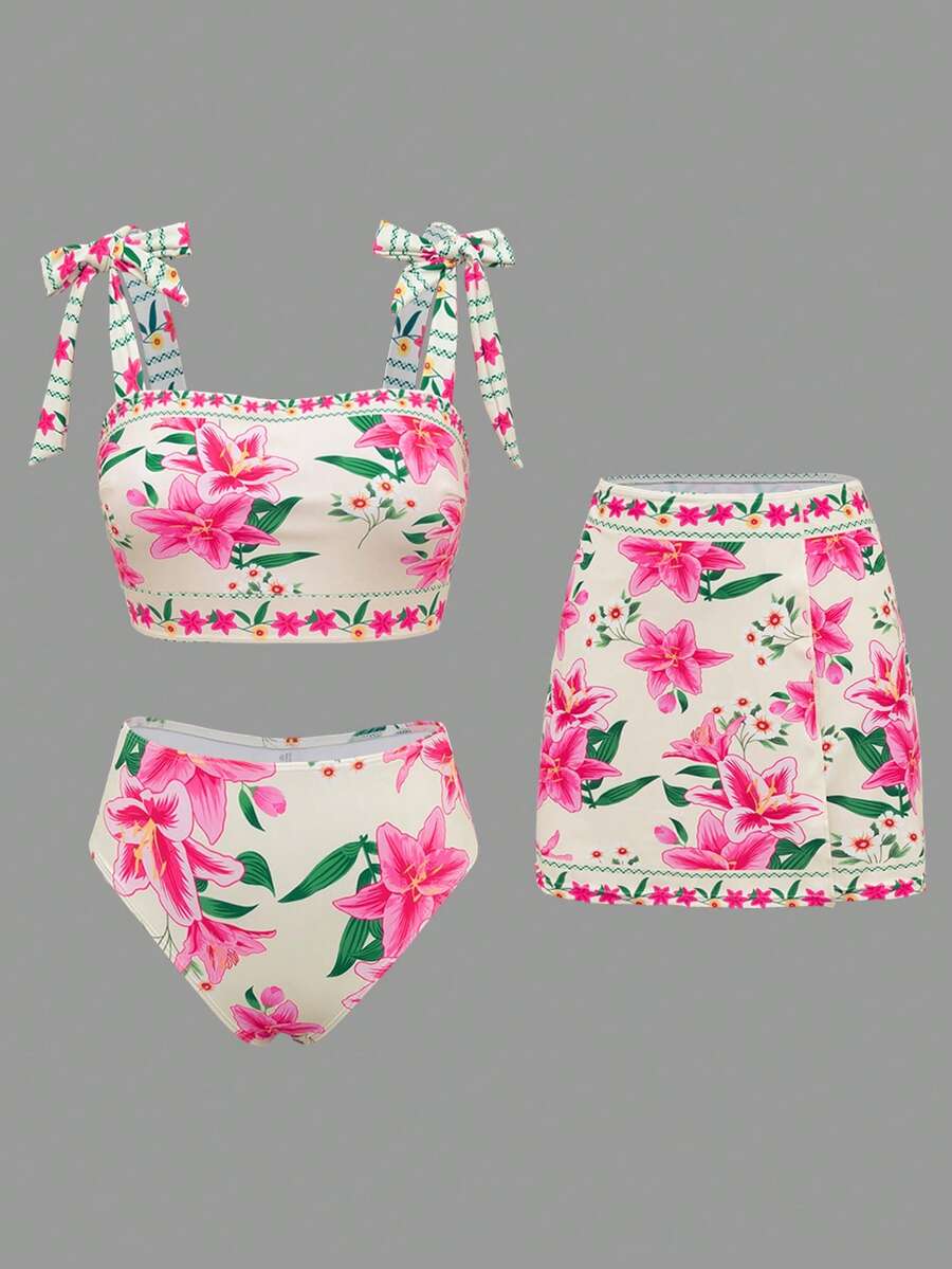 Swim Oasis 女士夏季紧身随机印花性感三件套泳衣,适合海滩穿着 - 彩色 - 查看 1