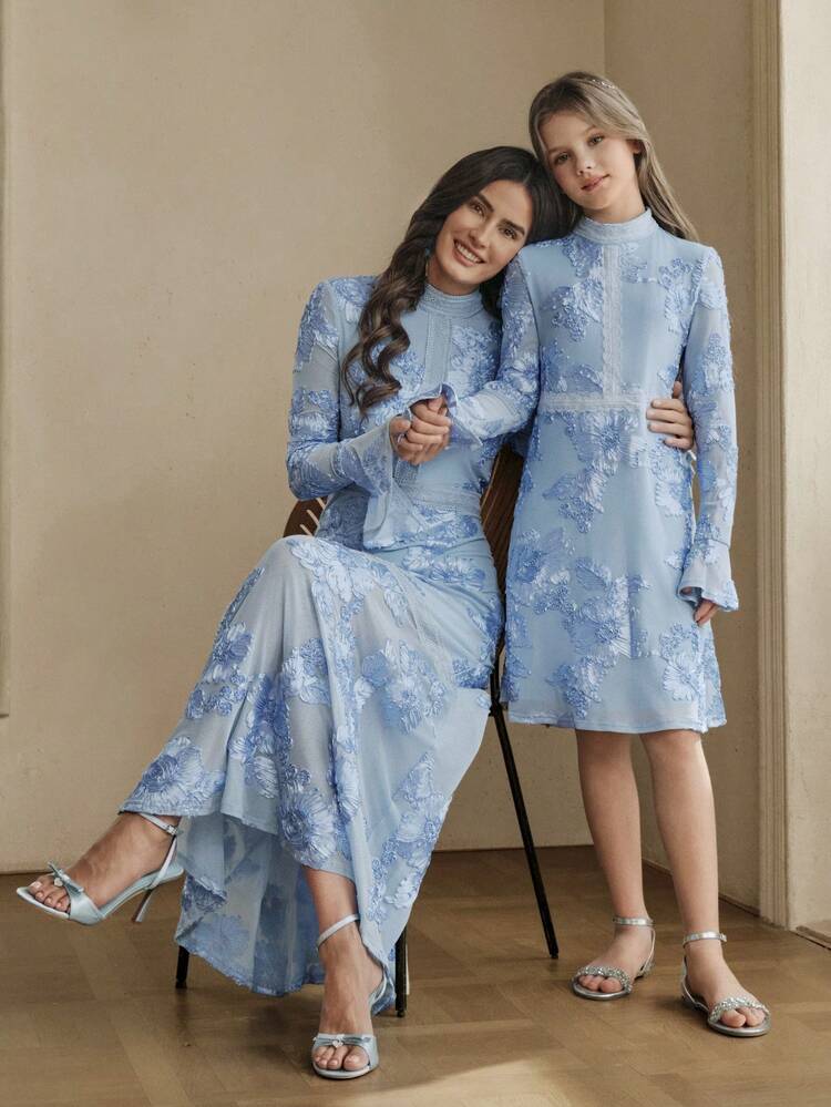 Girls' Sweet Blue Crochet Flare Sleeve A-Line Dress, Spring/Summer
