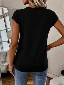 EMERY ROSE Casual Solid Color V-Neck T-Shirt, Versatile For Summer - Black - View 2