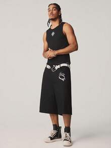 SCOOBY-DOO X SHEIN Conjunto casual de camiseta de tirantes con estampado geométrico y pantalones cortos capri para hombre - DOO - Negro - Ver 5
